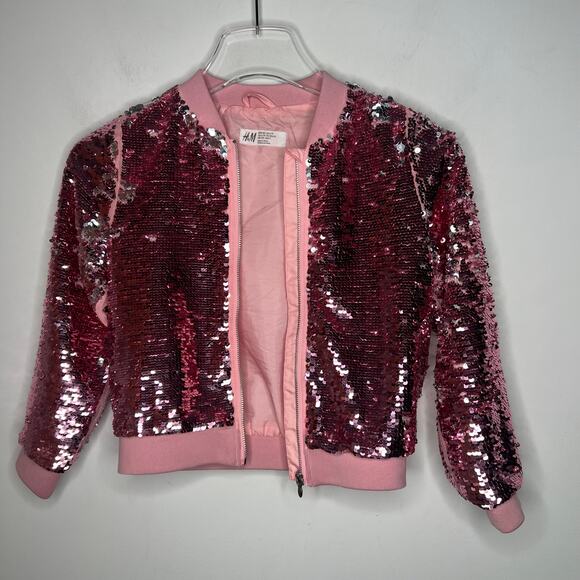 H&M Pink Sequin Bomber Jacket Girls Size 6-7 - Picture 3 of 9